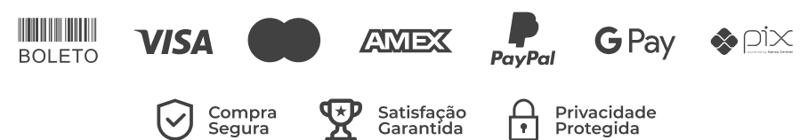 Formas de pagamento: cartão em até 12x, boleto e Pix